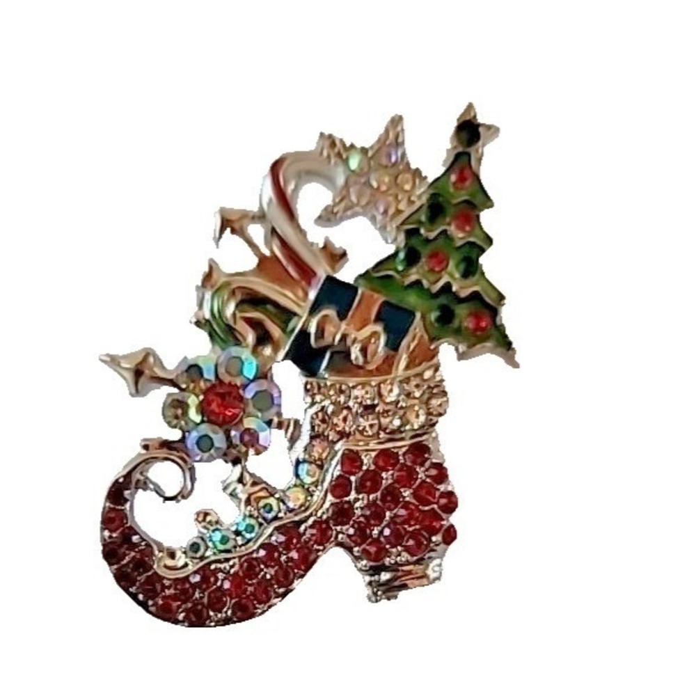 Elf Shoe Brooch Christmas Pin Silver tone Crystals Sparkle Festive Holidays